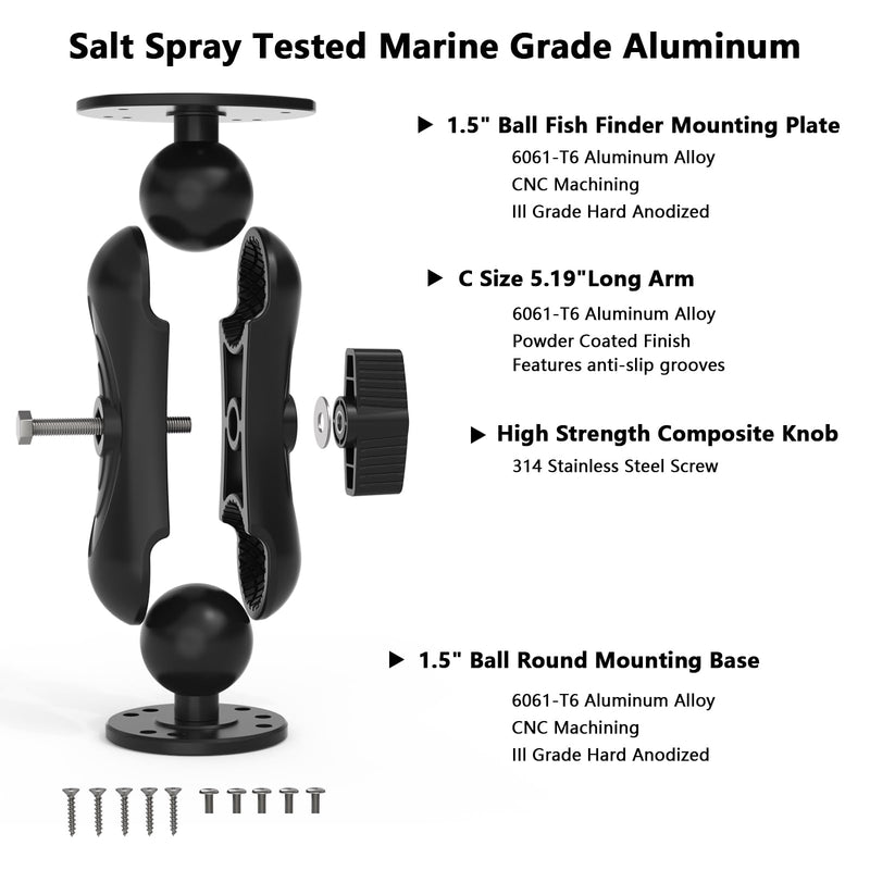 Aluminum Alloy Fish Finder Mount with C Size 1.5" Ball Rectangular Plate & Round Base, 5.19" Arm Marine Electronic Mount Compatible with Garmin,Humminbird Kit (Black)