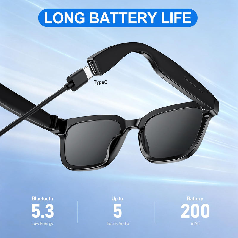 AI Smart Glasses, Video Recording, Real-Time Voice Translator, Open-Ear Audio, Bluetooth & Voice Assistant, Wearable Camera Sunglasses Black Sunglasses