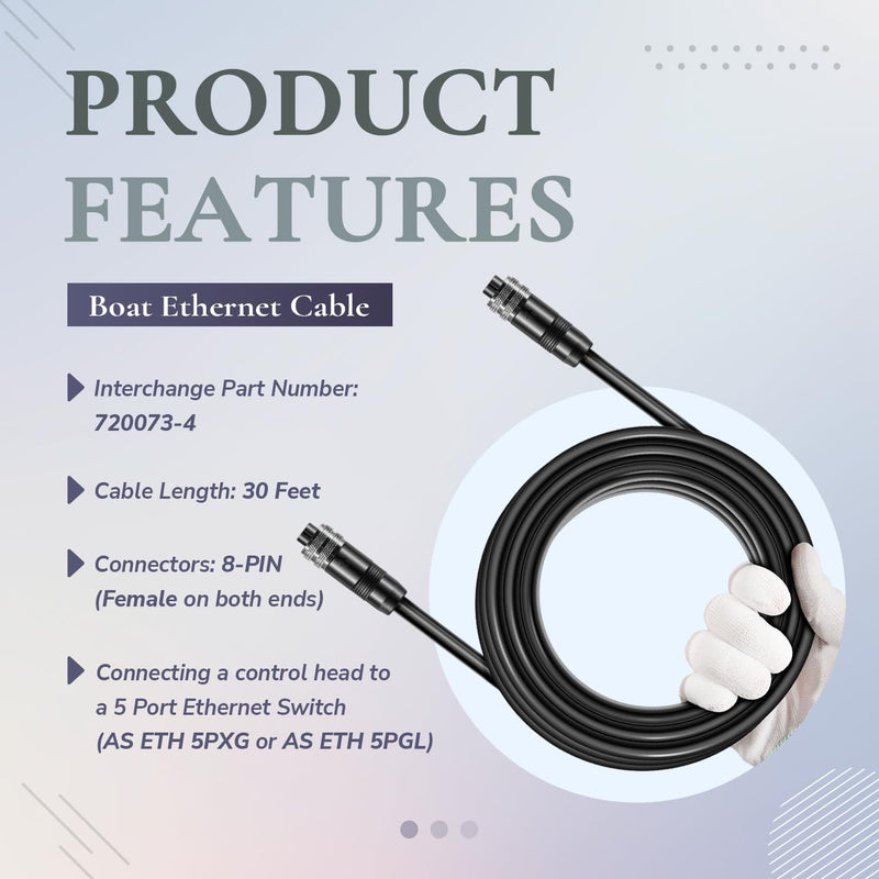 720073-4 30 Foot Ethernet Cable, Replace for Humminbird AS EC 30E 30ft. Ethernet Cord, Fit for APEX, SOLIX, Onix, ION, 1100/1100 HD, 900/900 HD, 800/800HD, 700 HD Series AS EC 30E 30ft.