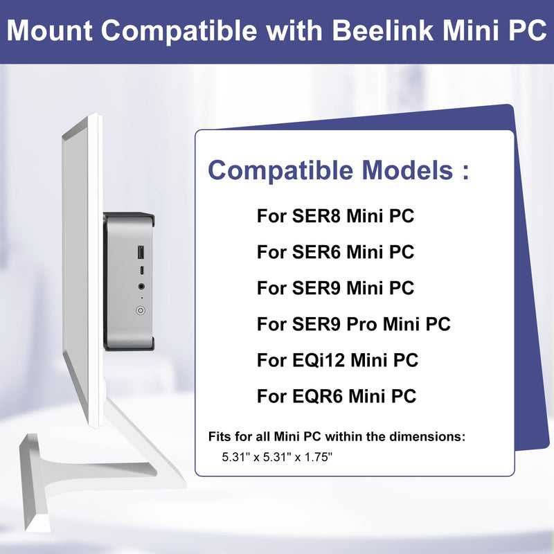Metal Mini PC Mount Compatible with Beelink SER8, SER6, SER9, SER9 Pro, EQi12, EQR6, Mini PC Vesa Mount/ Wall/ Under Desk, Only for SER8, SER6, SER9, SER9 Pro, EQi12, EQR6, Easy to Install, Black