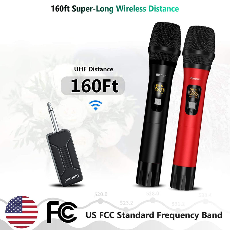Bietrun Wireless Microphone Dynamic Mic System with Rechargeable Receiver, 1/4" Output, for Karaoke, Church, Speech, Wedding, Party Singing(160 ft Range)-Auto Connect Black Red