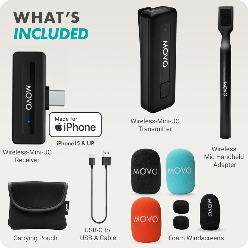 [AUSTRALIA] - Movo Wireless Mini UC Ultra Compact Wireless Lavalier Microphone for iPhone 15/16/17 and up with WMX-HM Handheld Adapter - Lapel Mic with Handle Mount for Content Creators, Interviews, Reporting USB-C 