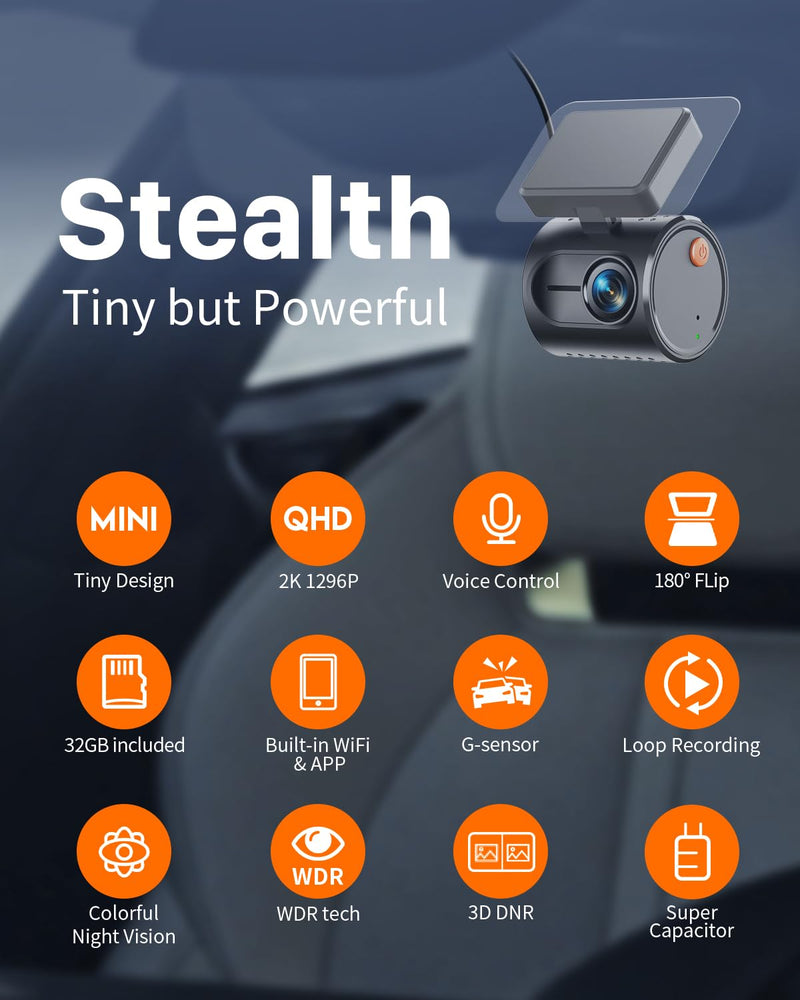 KAWA 2K Tiny Dash Cam, 1296P QHD Mini Car Camera DashCam - Voice Control, G -Sensor, Free 32GB TF Card, Built-in WiFi, APP Control, WDR/3D DNR with Super Night Vision, 24H Parking Mode Black