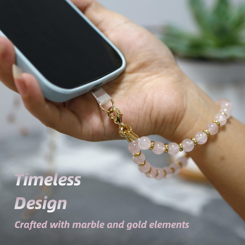 Marble Beaded Phone Wrist Strap,Detachable Cellphone Lanyard with Tether Tab,Hands-Free Wristlet Bracelet,Adjustable Phone Charm Grip for Women (Rose Quartz) Rose Quartz