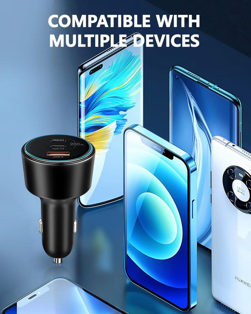 200W Car Charger, USB C Car Charger PD3.0 QC4.0 PPS Fast Charging Car Adapter with 2 100W USB C Cable 3 Port Type C Cigarette Lighter for Dell XPS, MacBook, iPhone 16 15 14, Galaxy S24 Ultra, iPad Pro Black 200W
