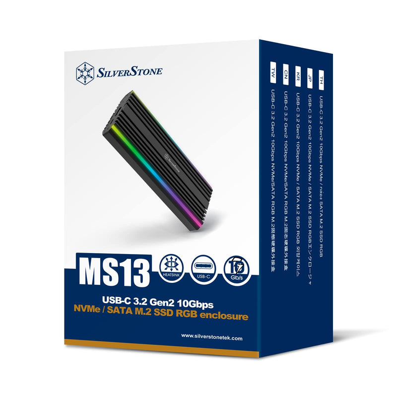 SilverStone Technology USB-C 3.2 Gen2 10Gbps NVMe / SATA M.2 SSD RGB Enclosure, SST-MS13