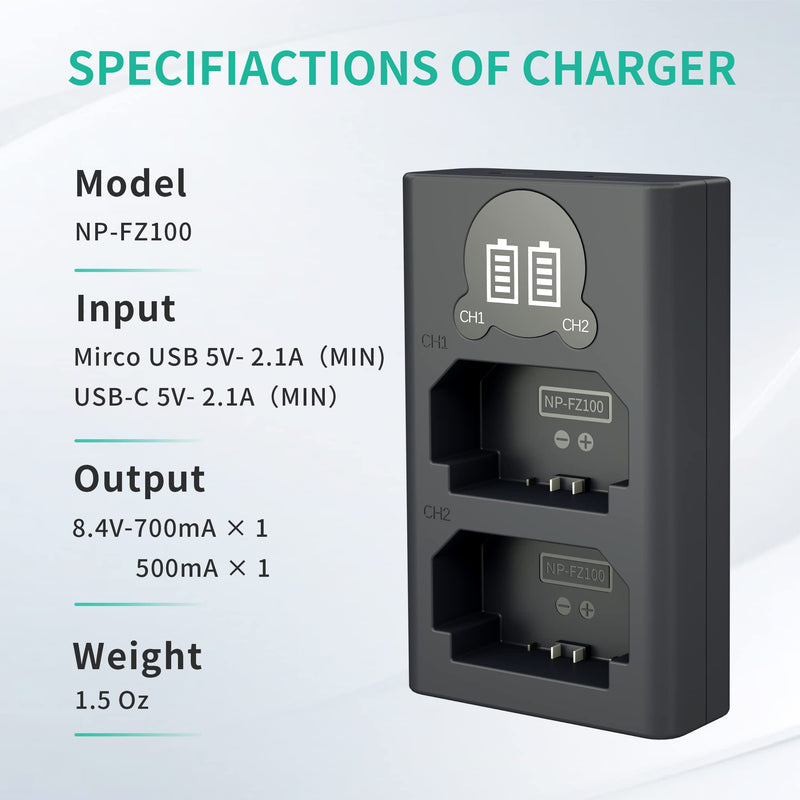 NP-FZ100 Camera Battery Charger, LP Dual USB Charger with LCD Display, Compatible with Sony A6600 A9 A9R A9S A9II A7C A7SIII A7III A7RIII A7RIV A7IV Cameras, Charging Station for Sony NP-FZ100 Dual Slot Battery Charger