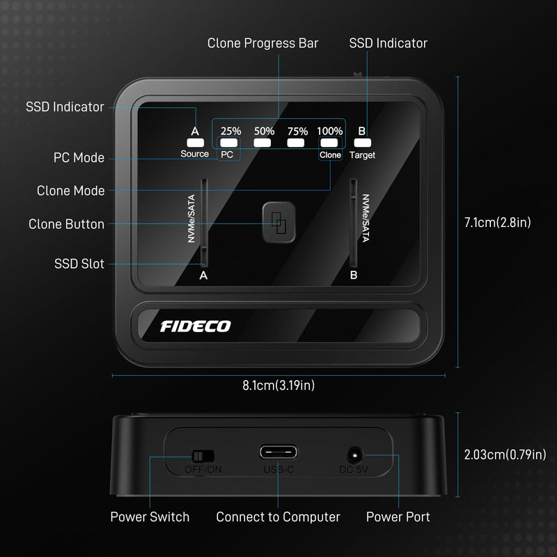 FIDECO M.2 NVMe SATA SSD Cloner Dock, USB 3.2 Gen 2 X 2, 20Gbps M.2 NVMe Cloner Duplicator, Support Offline Clone, UASP and Trim, Plug and Play, Black