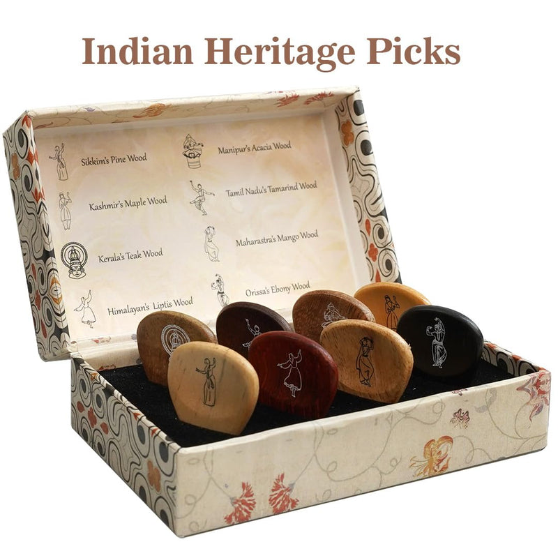 [AUSTRALIA] - Kadence Heritage Wooden Guitar Picks – Set of 8 Handmade Picks with Indian State Woods & Art – Includes Maplewood, Teakwood, Ebonywood – For Acoustic & Electric Guitars 