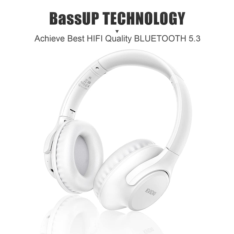 KVIDIO Bluetooth Headphones Over Ear, 65 Hours Playtime Wireless Headphones with Microphone, Foldable Lightweight Headset with Deep Bass, HiFi Stereo Sound Low Latency for Laptop PC Cellphone White