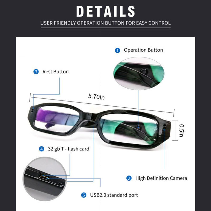 Camera Glasses, 1080p HD Video Recording, Intelligent Anti Shake, Wide Angle Lens, Wearable Eyeglass for Travel, Cycling, Driving and Other Outdoor Sports