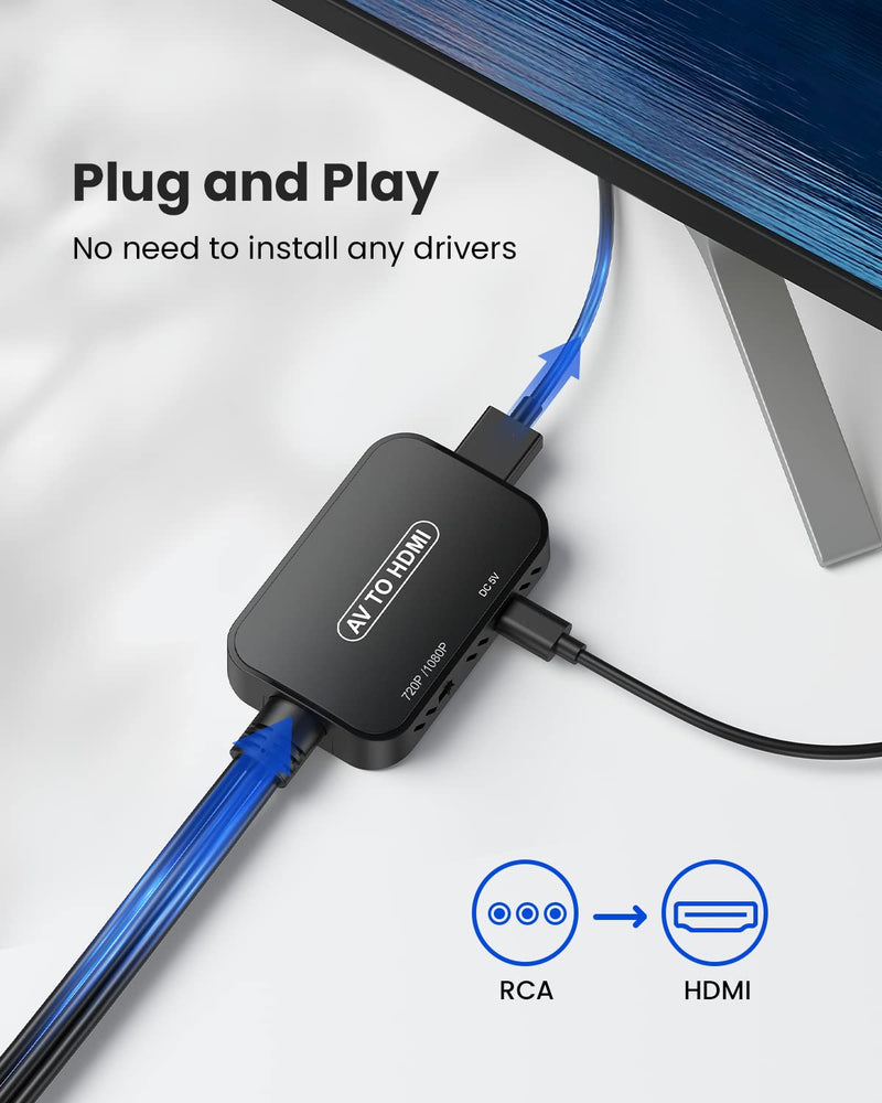 RCA to HDMI Converter,Viagkiki AV to HDMI Adapter,RCA to HDMI Composite Audio Video Converter for PS1, PS2, PS3, STB, Xbox, VHS, VCR,Black-Ray DVD Players(HDMI Cable Included) Black