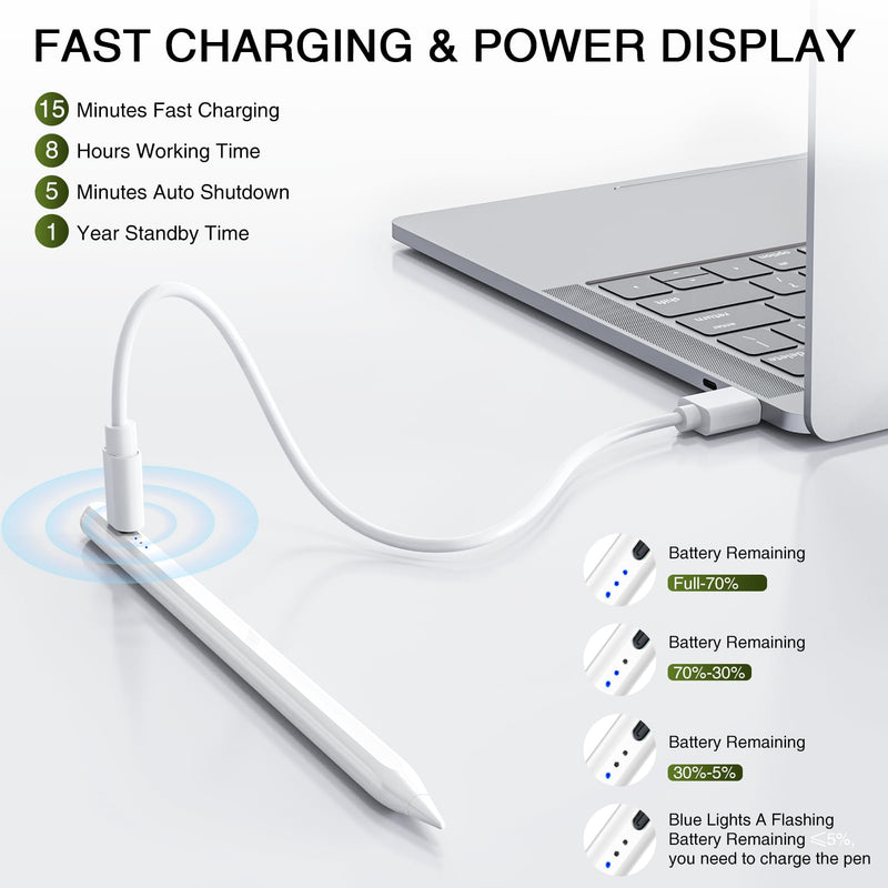 Stylus Pen for iPad 2018-2023, Fast Charging Pencil (1st Generation) with Tilt Sensitivity & Palm Rejection, Magnetic Pen for iPad Air 3/4/5, iPad Mini 5/6, iPad 6/7/8/9/10, iPad Pro 11"/12.9" Cool White