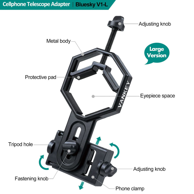 Large Telescope Phone Mount, Metal Phone Adapter for Spotting Scope, Monocular, Binocular - Fits iPhone, Samsung and More Smartphone (Bluesky V1-L) Large Size