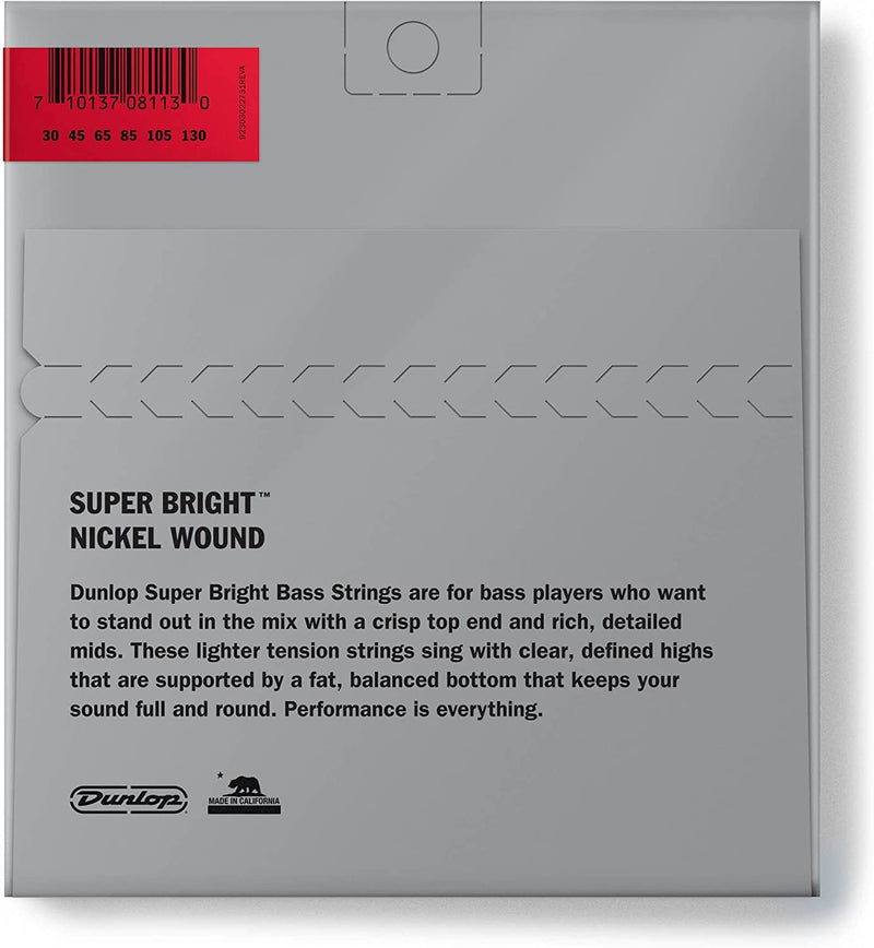 Dunlop DBSBN30130 Super Bright Bass Strings - Nickel Wound - Medium, .030-.130, 6 Strings/Set (3 Pack)