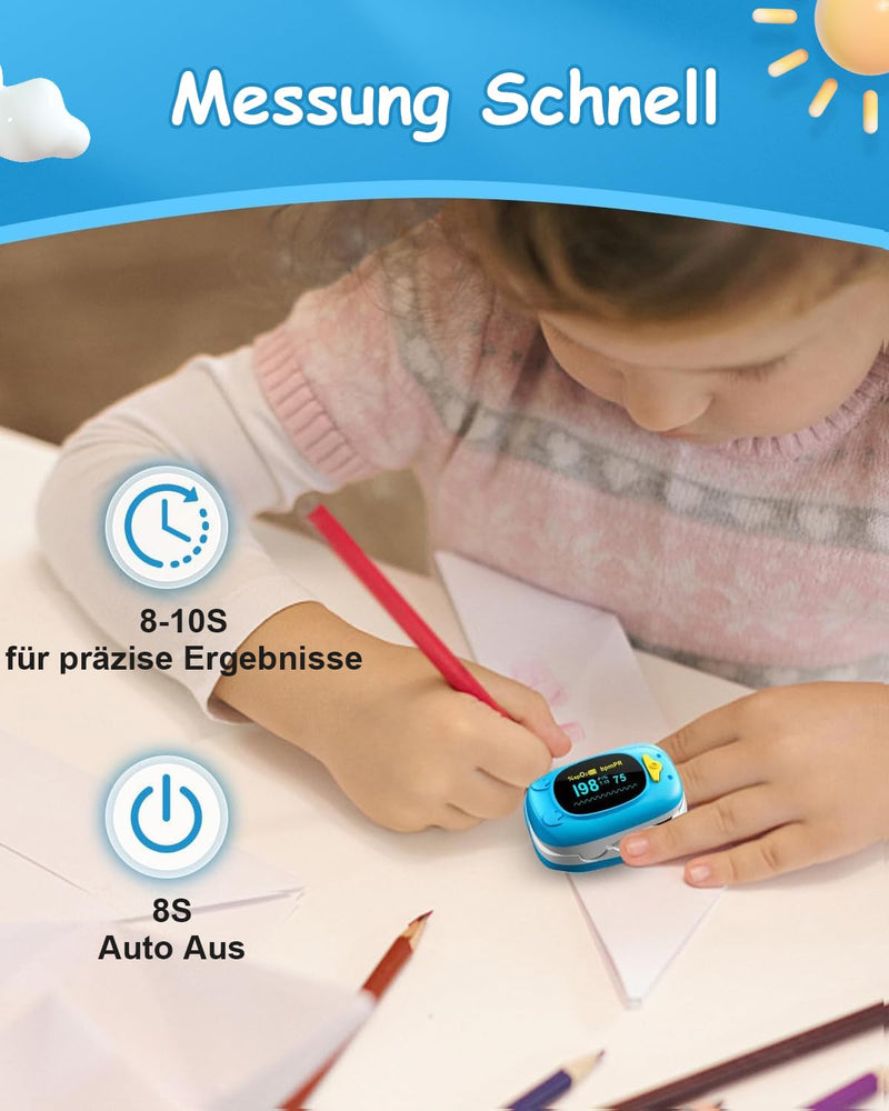 HealthTree Portable Fingertip Blood Oxygen Saturation Monitor, Pediatric Pulse Oximeter with OLED Screen, 2 AAA Batteries Included, Suitable for Baby and Kids Blue