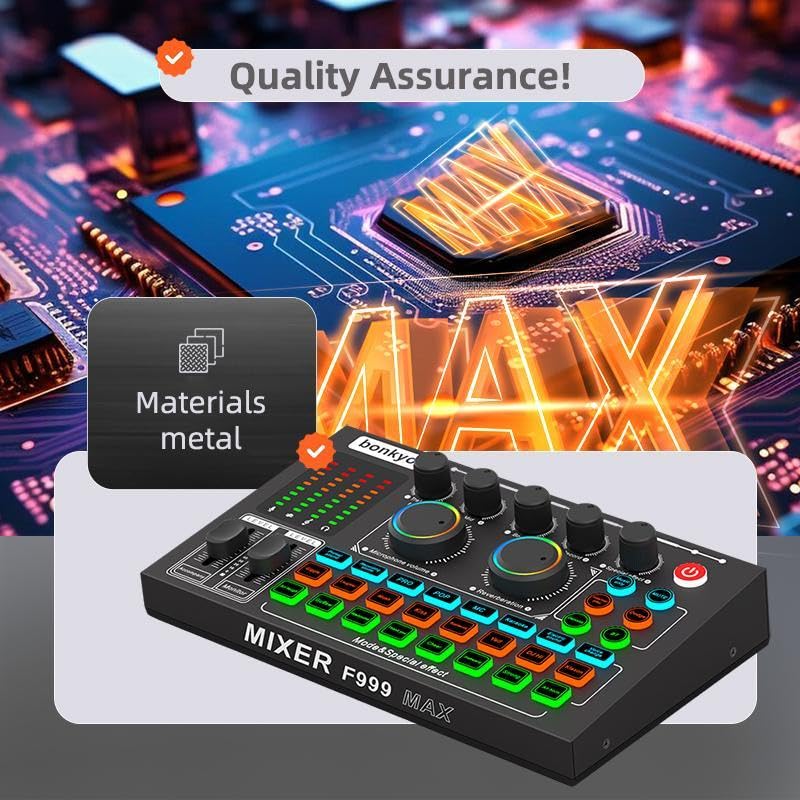 F999MAX Live Sound Card, Professional Audio Mixer & Noise Reduction, Metal Body & Indicator Panel, Audio Interface & Voice Changer, RGB Lighting Effects, DJ Mixer for Live/Gaming/Podcasting/Karaoke