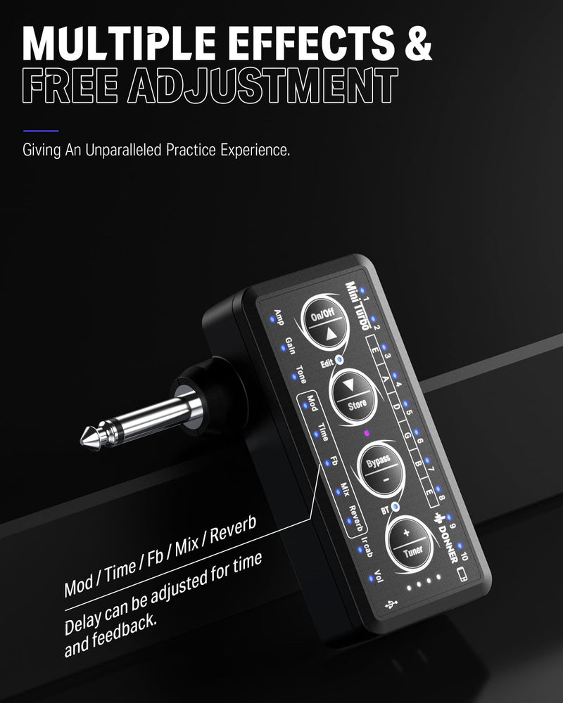 Donner Guitar Headphone Amp Mini Turbo with 10 Amp Models Tuner USB Rechargeable Multi-Effects Delay Reverb Chorus Overdrive Mini Portable Electric Guitar Amp