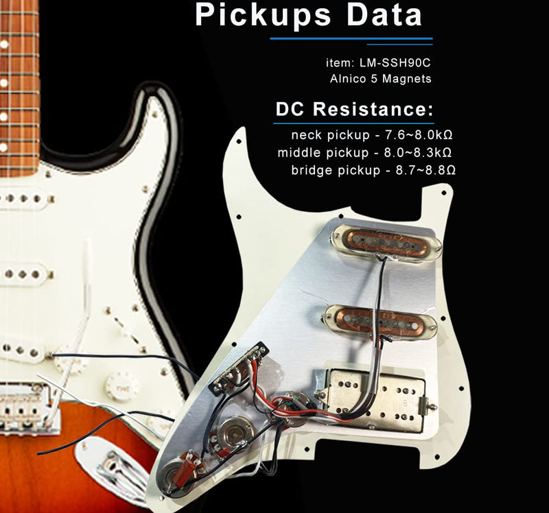 Prewired Pickguard with SSH Pickup Set, 3-ply Pick Guard Loaded High Output Alnico V Single Coil Humbucker Pick-ups, Electric Guitar Scratchplate as Luthier Replacement Parts, Cream-0C adged white 90C