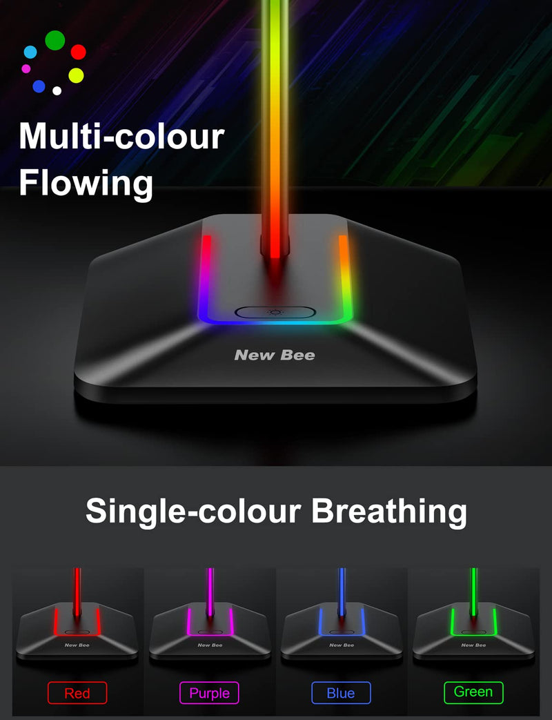 New bee RGB Headphone Stand with 1 USB-C Charging Port and 1 USB Charging Port, Desk Gaming Headset Holder with 7 Light Modes and Non-Slip Rubber Base Suitable for All Earphone Accessories (Black) Black