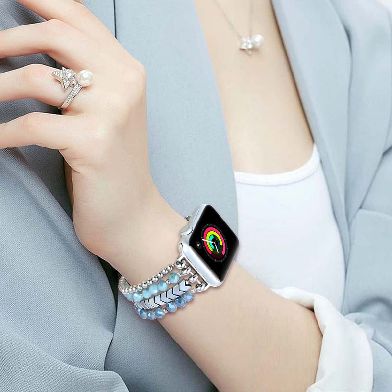 fastgo Compatible with Apple watch band bracelet for women, for Iwatch 38mm 40mm 41mm, Bling Metal Elastic beaded Strap Series 8 7 6 5 4 3 2 1 Ultra