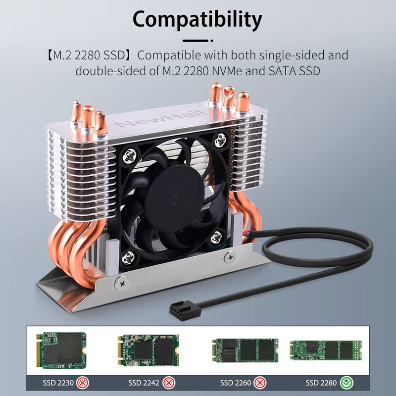 12V M.2 2280 SSD Heatsink with 40mm PWM Cooling Fan, Copper Heat Pipes and Thermal Pad, SSD Cooler for M.2 2280 NVMe & SATA SSD Only