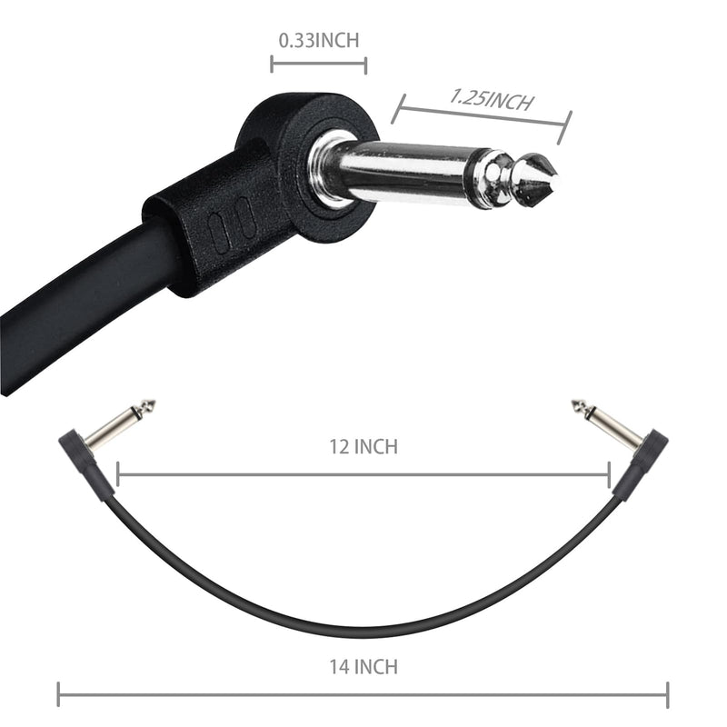 12 Inch Guitar Patch Cables 6 Pack, 1/4" TS Right Angle Effect Pedal Flat Cables, Black 12 Inch Black-12 in-6 Pack