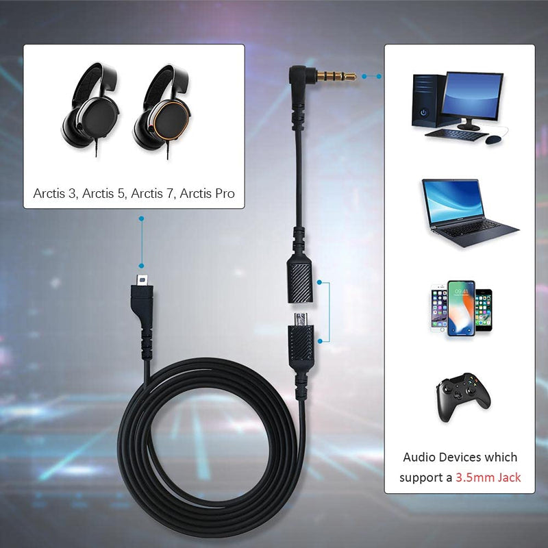 Replacement Cable Cord Compatible with SteelSeries Arctis 3, Arctis Pro Wireless, Arctis 5, Arctis 7, Arctis Pro Gaming Headset, QJYTH Audio Cable 3.5mm Fit for GameDac(2 in 1, Black)