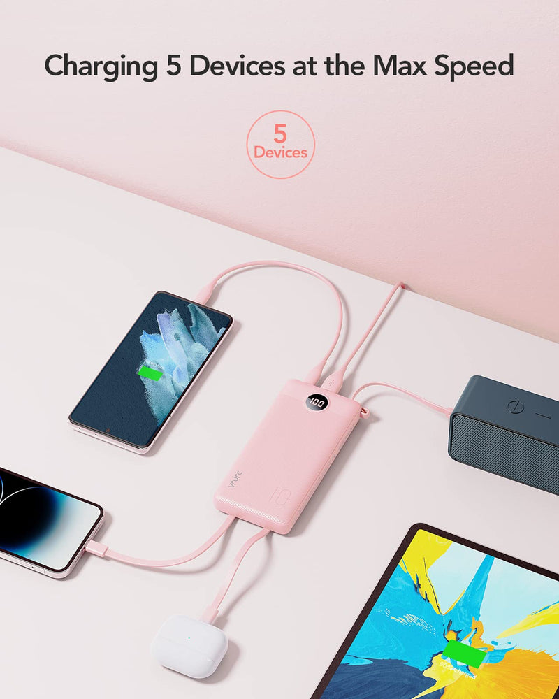 VRURC Portable Charger 10000mAh, Slim LED Display Power Bank, 5 Output 2 Input Cell Phone Battery Pack, Built-in Micro & USB C Cables Phone Charger Compatible with iPhone,Samsung,Android-Pink(1 Pack) Pink