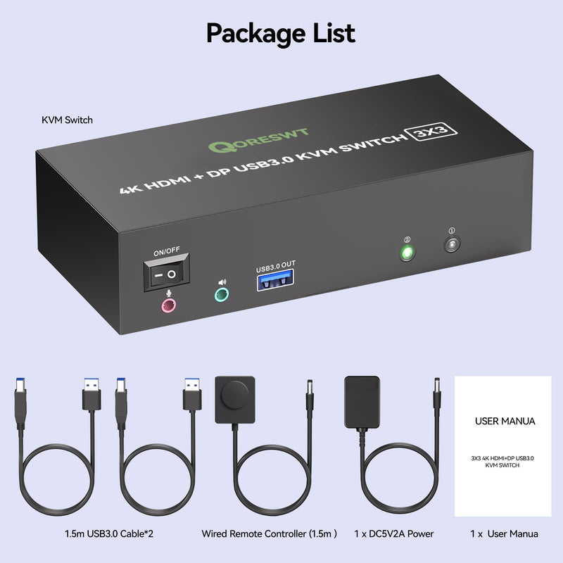KVM Switch 3 Monitors 2 Computers with Audio, HDMI + DisplayPort Triple Monitor KVM Switches, 3 Monitor KVM Support 4K@60Hz for 2 PC Share 3 Display and 4 USB 3.0 Devices Black D General