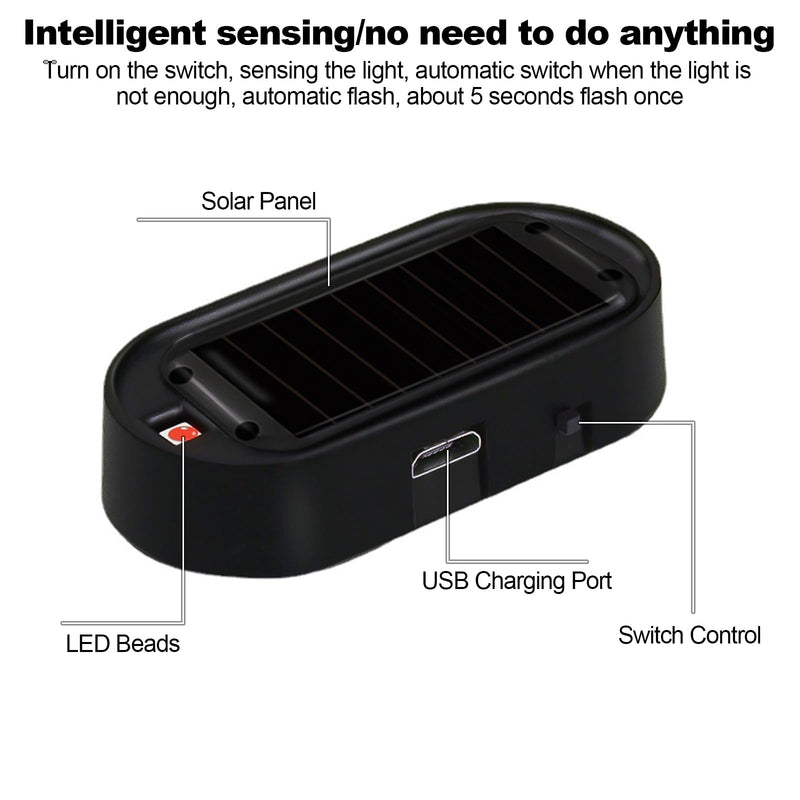 Car Solar Power Simulated Dummy Alarm，Anti-Theft LED Flashing Security Light Fake lamp with USB Charger Port，Car Accessories for Most Cars,2PCS (red) red