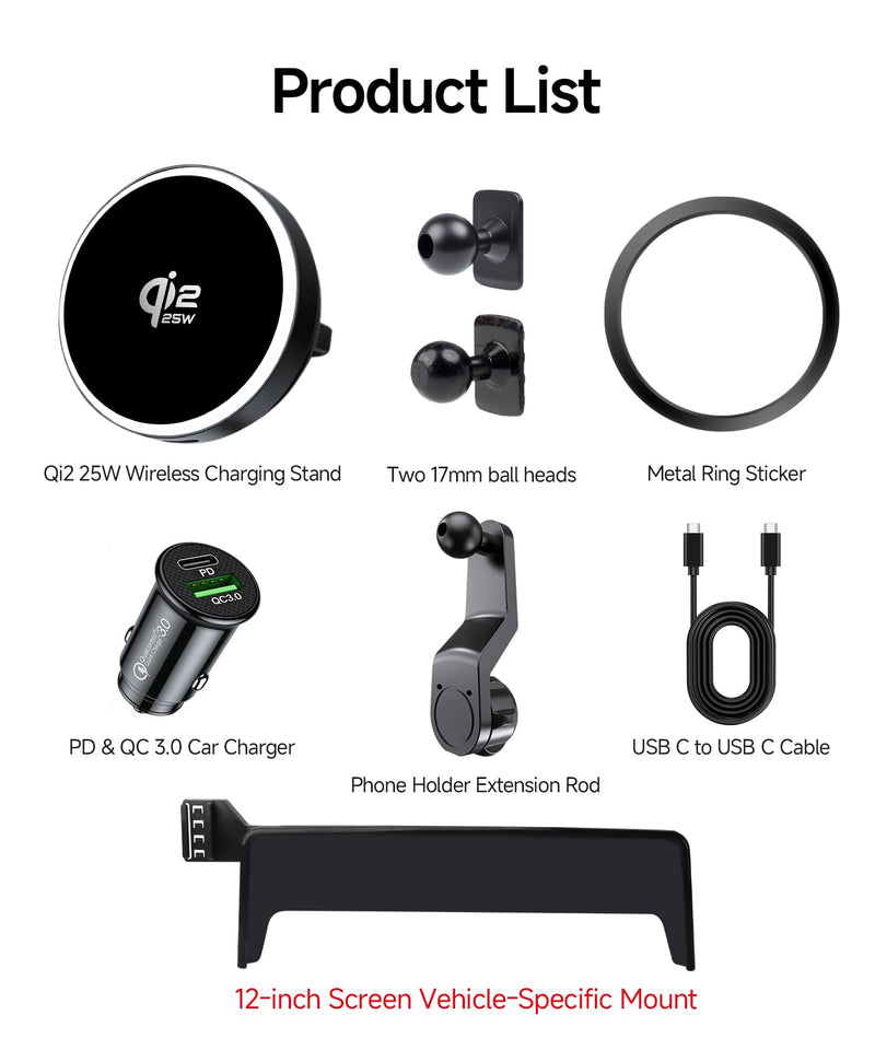 Qi2.2 25W Wireless Charger Car Phone Mount for Volkswagen ID.4 2021-2024 | VW ID4 2021-2024,12" Screen, Magsafe Accessories Fast Charging Magnetic Cell Phone Holder Clip Compatible with iPhone Android