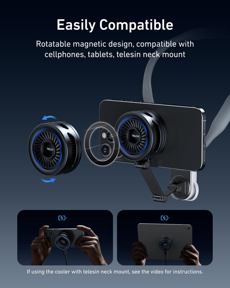 TELESIN Magnetic Phone Cooler for Gaming and Live Streaming - Fits Neck Phone Mount - Phone Cooling Fan Portable Phones Radiator for MagSafe - Supports Wireless Charging for iPhone/Android