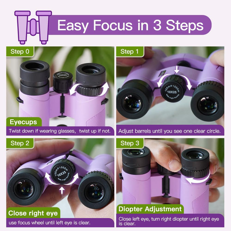 [AUSTRALIA] - Binoculars for Kids 8-12, 10x25 Kids Binoculars for Nature Exploration, HD Childrens Binocular for Bird Watching, Hiking, Camping, Outdoor Adventure - Purple 