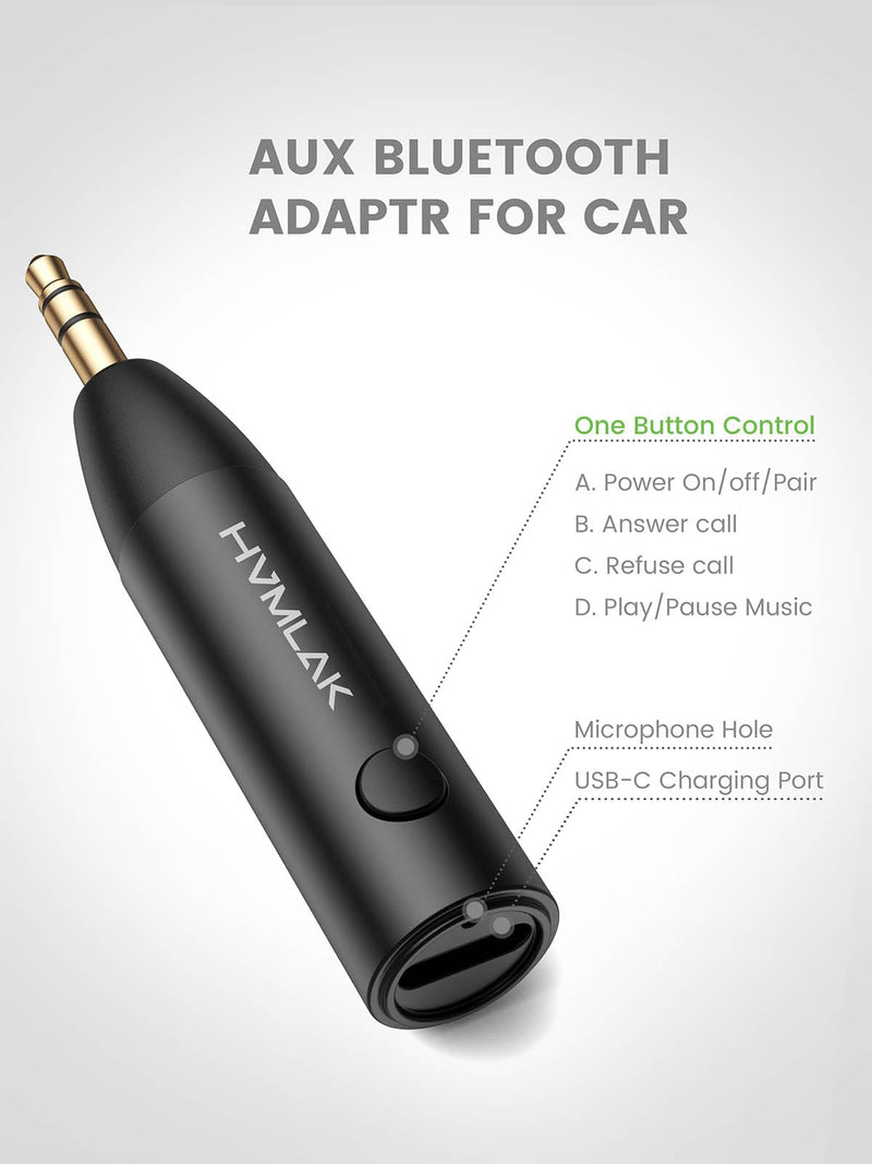 [AUSTRALIA] - Bluetooth 5.3 Car Aux Adapter with Enhanced Microphone, 3.5mm Jack for Car Home Stereo, USB-C Charging, Sturdy Case, 1 Piece Black 