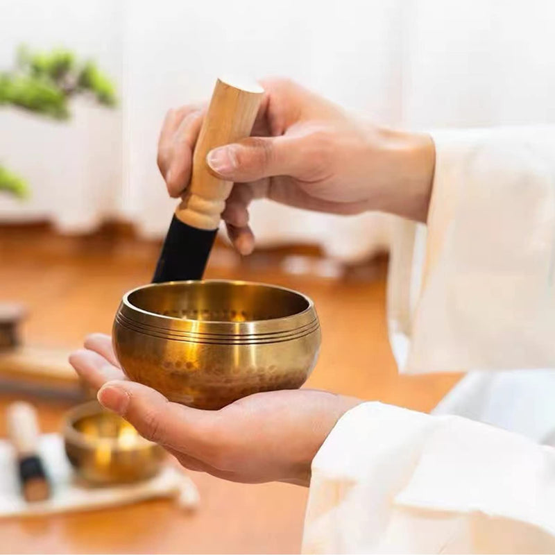 Tibetan Singing Bowls Set, Singing Bowls, Meditation Sound Bowl Handcrafted in Nepal, For Yoga, Meditation, Mindfulness, Healing & Chakra balancing 3.15 inch Gold
