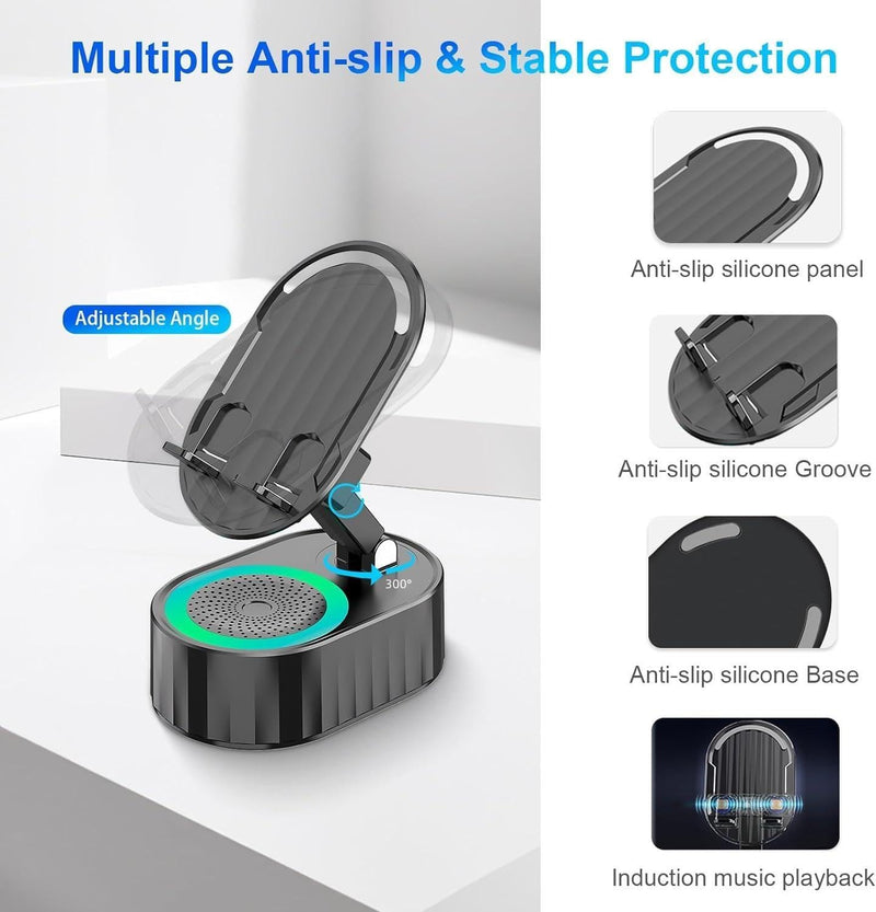[AUSTRALIA] - Wireless Induction Audio Bluetooth Speaker 5in1 Phone Holder Emergency Rechargeable (3000mAh) with Colorful Ambient Light 300° Foldable for Tablet iPhone Android, Gifts for Men Women (Black) Black 