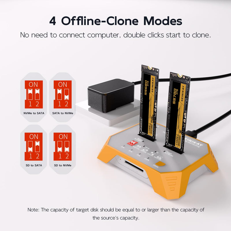 M.2 NVMe & M.2 SATA SSD Docking Station, Tool-Free M.2 Duplicator Cloner with SD Card Reader, Offline Cloning, Plug and Play S3019CL