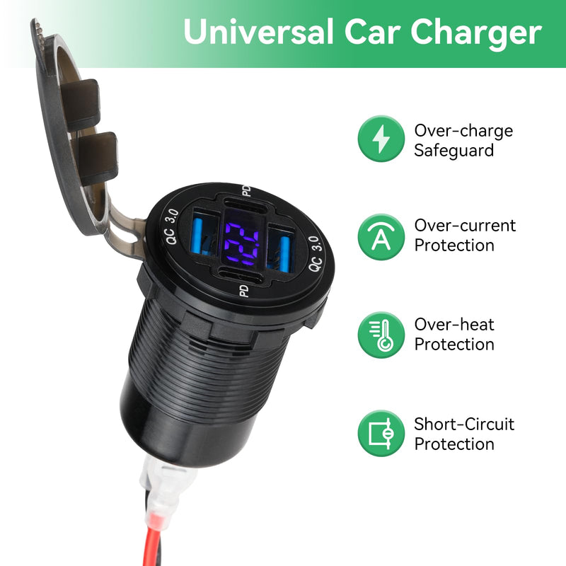 2 Pack 12V USB Outlet 4-Port, 78W Dual PD30W & QC3.0 Fast Charger | Waterproof Aluminum Alloy 12v power outlet with Blue Voltmeter for Cars RVs Boats Golf Carts Trucks Motorcycles 2 pack