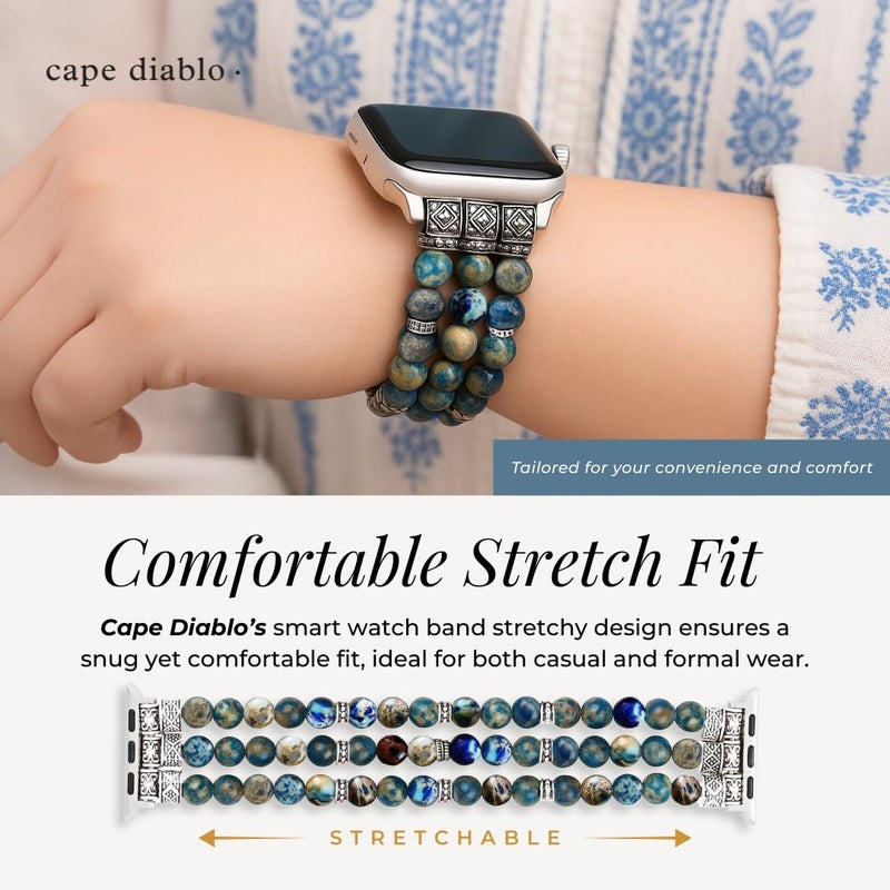 Cape Diablo Smart Watch Band for Women - Handmade Gemstone Strap - Compatible with 38mm-45mm Apple Faces Blue Imperial Jasper Small - Fits 5.75-6.25 inch wrists