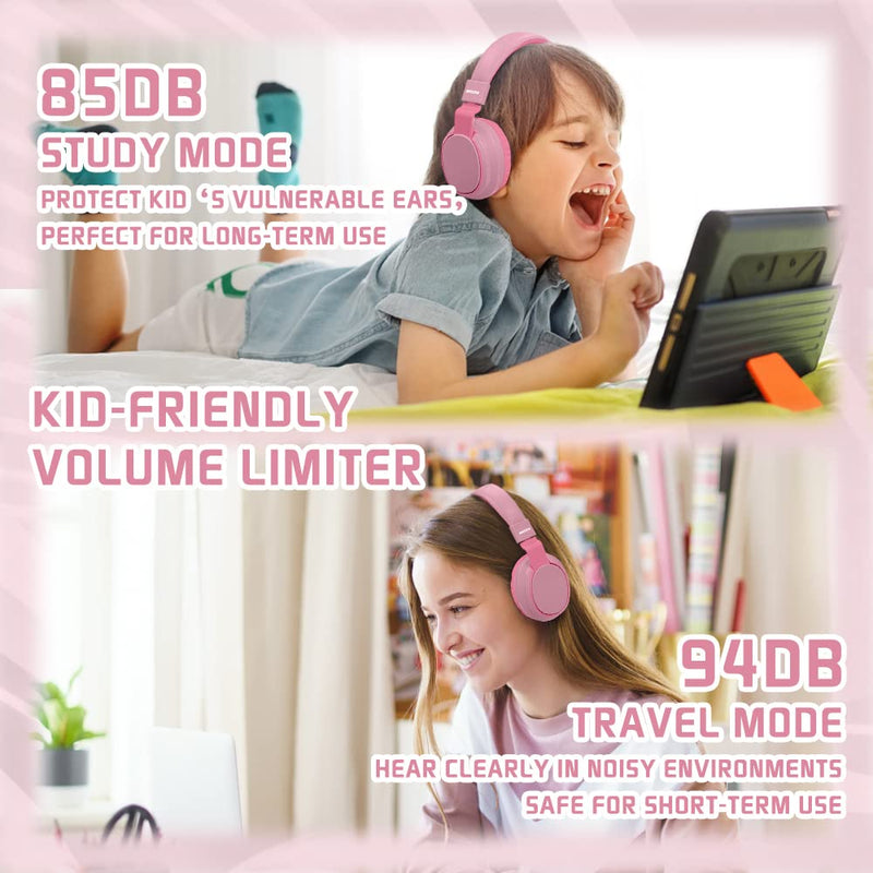 Headphones Kids Bluetooth Wireless Volume Limited 85/110dB Over On Ear Foldable Noise Protection Headset with Cable AUX 3.5mm Mic for Child Boy Girl Travel School Pad Tablet Pink