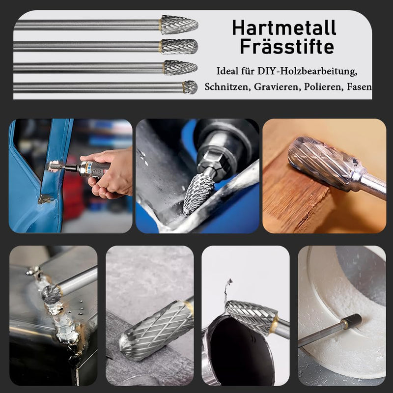 Treki Set of 4 Long Carbide Burrs with 6 mm Shank Carbide Milling Cutter Attachment for Drill, Tungsten Steel Cutter Bits Wood Carving Drill Bit Set for Woodworking, Metal Cutter Wood Cutter