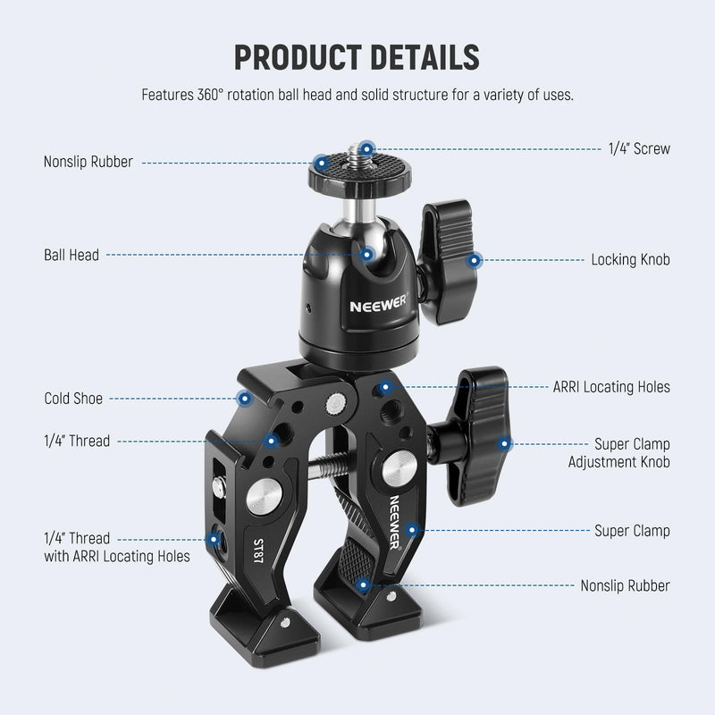 Neewer Super Clamp with Ballhead, Cold Shoe, Phone Holder and Action Camera Mount Adapter for Flat/Round Surface Compatible with GoPro DJI iPhone 15 Pro Max, ST87