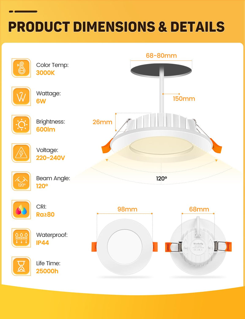 LED Recessed Spotlight 230 V, 6 W Flat Ceiling Spotlight, LED Spot IP44, Warm White 3000 K Ceiling Spotlights, 600 LM, 68-80 mm Installation Diameter, Bathroom Recessed Lights for Bathroom, Kitchen,