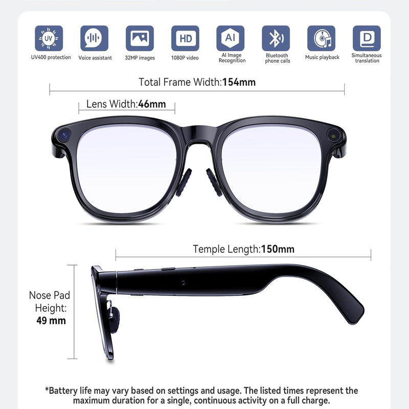 AI Smart Glasses with 4k Camera for Travel & Daily Use, Bluetooth Audio Sunglasses with Open-Ear Speakers, Hands-Free Calling&Vlogging, Real Time Translation (Matt Black)