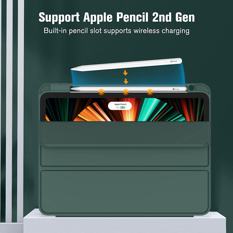ZryXal New iPad Pro 12.9 Inch Case 2022/2021/2020(6th/5th/4th Gen) with Pencil Holder,Smart Case [Support Touch ID and Auto Wake/Sleep] with Auto 2nd Gen Pencil Charging (Midnight Green) Midnight Green