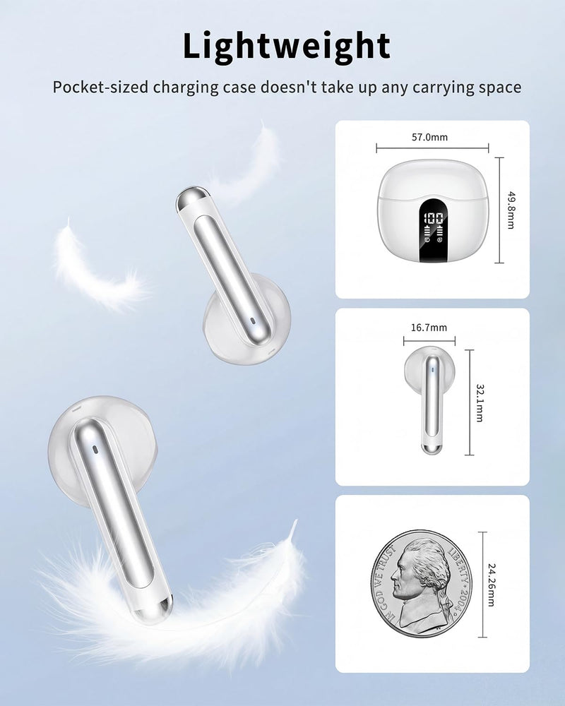 Wireless Earbuds, 2026 Bluetooth 5.4 Headphones Bass Stereo Ear Buds with Noise Cancelling Mic, LED Display in Ear Earphones 50H Playtime Ear Buds, IP7 Waterproof for Laptop Pad Phones Pure White