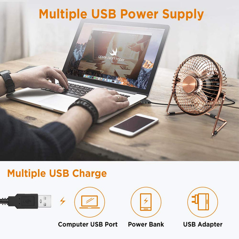 EasyAcc 6 Inch USB Desk Fan, [ Small Quiet Powerful Metal Fan ] USB Powered Portable Fan, Strong Airflow& 360°Rotation Personal Table Cooling Fan with 2 Speed(USB POWERED ONLY) 6" USB Fan Bronzer