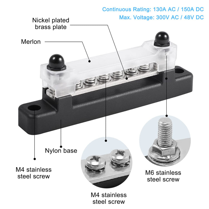 6-Pin Busbar Distribution Block, Single Row Busbar 150A Busbar Block with Cover, Distribution Block, Busbar Screw Terminal, Busbar for Truck, Bus, Boat (Black) black