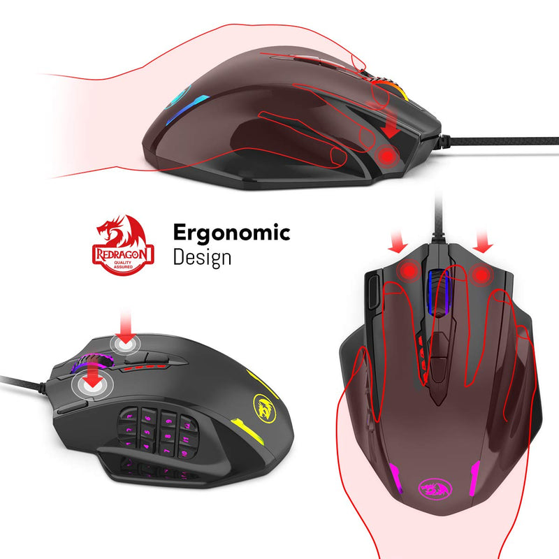 Redragon M908 Impact RGB LED MMO Mouse with Side Buttons Optical Wired Gaming Mouse with 12,400DPI, High Precision, 20 Programmable Mouse Buttons Black Wired